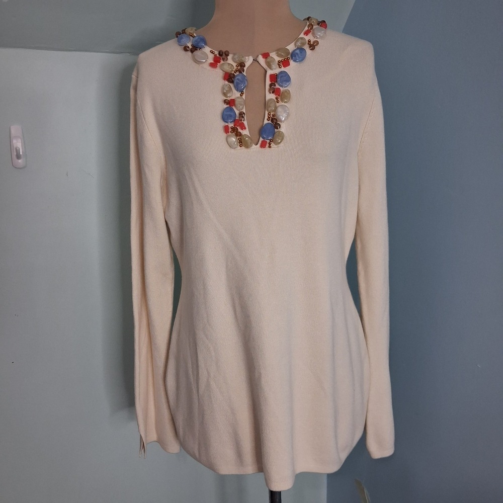 Kenji Natural Cream Beaded Keyhole Neck Knit Top XL Long Sleeve Rayon Blend NWT